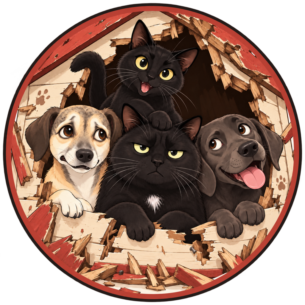 The four original Nobody Pays Rent pets: Stella, Wednesday, Gizmo and Jellybean